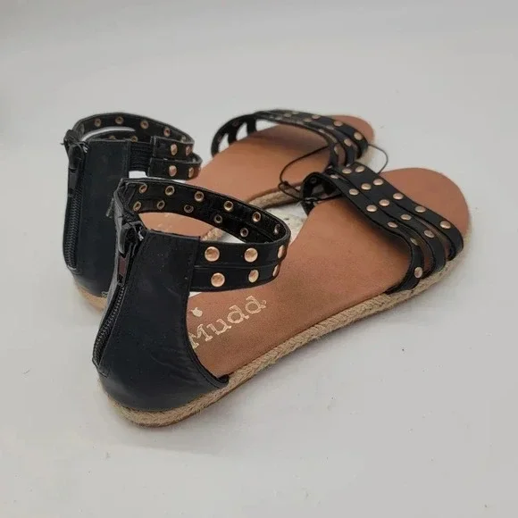 NWT Mudd Women's Studded Black Gold Ankle Zip Sandals Faux Leather Sz 8 - Picture 6 of 11